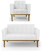 Conjunto Poltrona e Namoradeira Decorativas Karen Pés Fixo em Madeira Castanho PU Branco G19 - Gran Belo