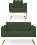 Sofá Namoradeira e 1 Poltrona Base Industrial Dourado Ana Veludo Verde