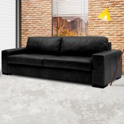 Sofá 4 Lugares Sala de Estar Pés Madeira Aisla 240 cm Couro Preto G43 - Gran Belo