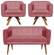 Kit 01 Namoradeira e 02 Poltronas Giratória Julia Suede Base Madeira MM30 D01 - D'Rossi  - Rose