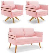Kit 01 Namoradeira 02 Lugares e 02 Poltronas Mari Suede Base de Madeira MA30 D03 - D'Rossi - Rosa Bebê