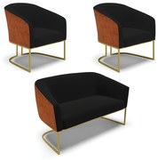 Namoradeira e 2 Poltronas Industrial Dourado Stella Noz/Linho D03 - D'Rossi - Preto