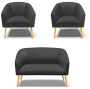 Namoradeira e 2 Poltronas Pé Palito Castanho Stella Sintético D03 - D'Rossi  - Preto