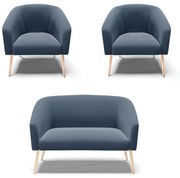 Namoradeira e 2 Poltronas Pé Palito Natural Stella Suede D03 - D'Rossi  - Azul Marinho