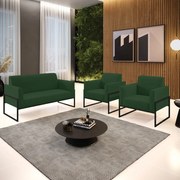 Sofá Namoradeira com 2 Poltronas Base Industrial Alta Preto Marisa Veludo - Verde