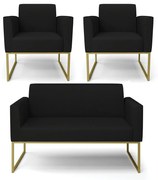Sofá Namoradeira com 2 Poltronas Base Industrial Dourado Marisa Linho D03 - D'Rossi - A79 Preto