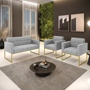 Kit 1 Sofá Namoradeira e 2 Poltronas Elisa Suede Base Metálica Industrial Dourado D03 - D'Rossi - Cinza