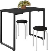 Mesa de Cozinha Bistrô Porto Preto 90cm com 2 Banquetas Industriais Ma