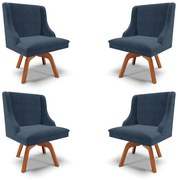 Kit 4 Cadeiras Decorativas Sala de Jantar Base Giratória de Madeira Firenze Suede Azul Marinho/Natural G19 - Gran Belo