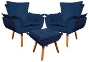 02 Poltronas e 01 Puff Pé Palito de Madeira Opala Suede D03 - D'Rossi - Azul Marinho