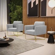 Kit 2 Poltronas Base X Industrial Dourado Marisa Suede - Cinza