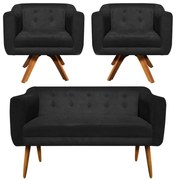 Kit 01 Namoradeira e 02 Poltronas Giratória Julia Suede Base Madeira MM30 D01 - D'Rossi - Preto
