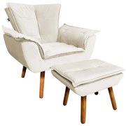 Poltrona e Puff Decorativo Pé Palito de Madeira Opala Veludo Bege D03 - D'Rossi