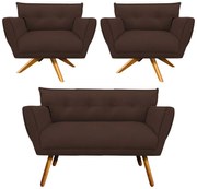 Kit 1 Namoradeira 2 Lugares e 2 Poltronas Anitta Suede Base de Madeira MA30 - D'Rossi - Marrom