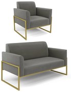 Sofá Namoradeira com Poltrona Base Industrial Alta Dourado Marisa Suede D03 - DRossi - Grafite
