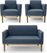 Sofá Namoradeira e 2 Poltronas Base Madeira Castanho Maressa Suede Azu