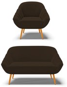 Kit 01 Namoradeira 02 Lugares e 01 Poltrona Giovana Suede Pés Palito Castanho - Indo Decorar - Marrom