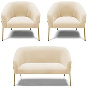 Namoradeira e 2 Poltronas Pé de Ferro Dourado Stella Suede Bege D03 - D'Rossi