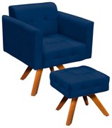 Kit 01 Poltrona Giratória e 01 Puff Elisa Suede Base Madeira MM30 D03 - D'Rossi - Azul Marinho
