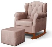 Poltrona Amamentação Base Madeira Balanço e Puff Lucy Z39 Veludo Rosê