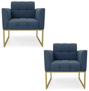 Kit 2 Poltronas Elisa Suede Base Metálica Industrial Dourado D03 - D'Rossi - Azul Marinho