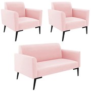 Sofá Namoradeira com 2 Poltronas Pés Villach Marisa Suede   - Rosa Bebê