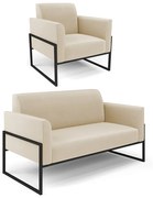 Sofá Namoradeira com Poltrona Base Industrial Alta Preto Marisa Suede - Bege