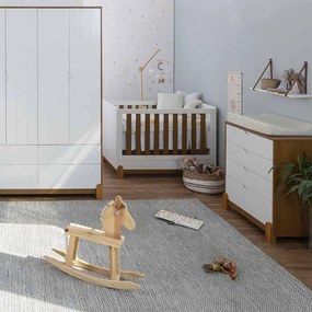 Kit Quarto Infantil Lotus Berço Mini Cama + Cômoda 4 Gavetas + Guarda-Roupa 4 Portas com 4 Gavetas - Branco e Savana