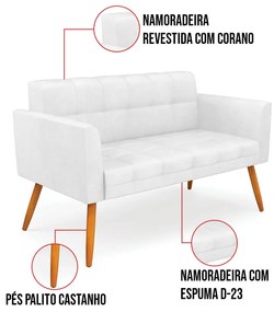 Kit 1 Sofá Namoradeira e 2 Poltronas Elisa Corano Pés Palito Castanho D03 - D'Rossi - Branco