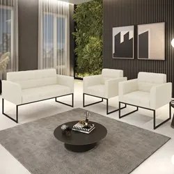 Sofá Namoradeira e 2 Poltronas Base Industrial Preto Ana Linho Bege -