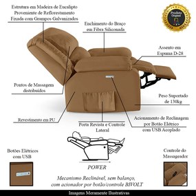 Poltrona do Papai Reclinável Sala de Cinema Madrid Elétrica Touch Massagem USB PU Caramelo  G23