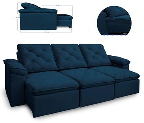 Sofá Reclinável Retrátil 3 Lugares 290cm Verus Veludo Azul Escuro - Sheep Estofados - Suede Azul Marinho