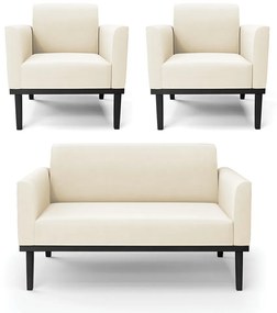 Conjunto 2 Poltronas e 1 Namoradeira Decorativa Isabella Pés Fixo em Madeira Preto Veludo Bege G19 - Gran Belo