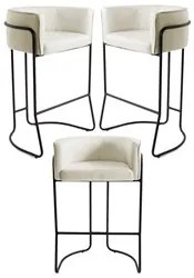 Kit 3 Banquetas Decorativas Base Aço Preto Betina C-107 Linho Bege - D