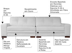 Sofá 3 Lugares Bipartido Sala de Estar Milano 240cm Couro Branco G58 - Gran Belo