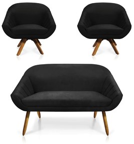 Kit 01 Namoradeira 02 Lugares e 02 Poltronas Giratória Giovana Suede Base Madeira MM30 - D'Rossi - Preto