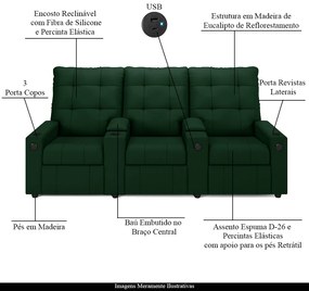 Poltrona do Papai Reclinável Sala de Cinema Movie 3 Lugares Manual Baú USB Veludo Verde Esmeralda