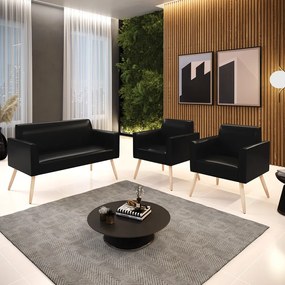 Sofá Namoradeira com 2 Poltronas Pés Palito Natural Marisa Corano - Preto