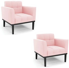 Kit 2 Poltronas Decorativas Karen Pés Fixo em Madeira Preto Suede Rosa Bebê G19 - Gran Belo