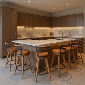 Banqueta Alta Cozinha 70cm Encosto Pé Madeira Kit 6 Kyara Pu S02 - D'Rossi - Caramelo