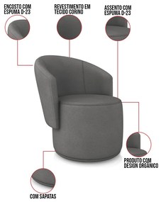 Poltrona Decorativa Orgânica Fixa para Sala Kit 2 Malu Sintético M11 - D'Rossi - Grafite
