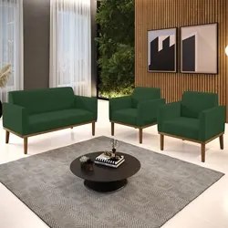 Sofá Namoradeira e 2 Poltronas Base Madeira Castanho Maressa Veludo Ve