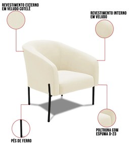 Poltrona Decorativa Pé de Ferro Preto Stella Cotelê Ext/Veludo D03 - D'Rossi - Off White