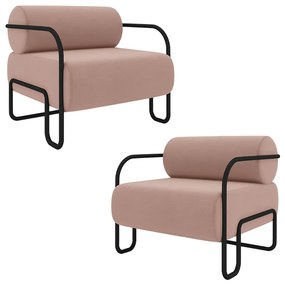 Kit 2 Poltronas Decorativas Sala de Estar Polatsk Base Industrial de Ferro Veludo Rosê G33 - Gran Belo