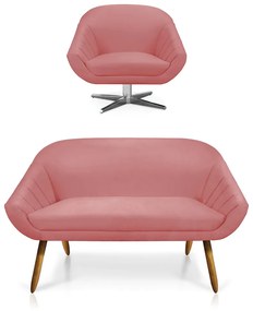 Kit 01 Namoradeira 02 Lugares e 01 Poltrona Giratória Giovana Suede Base Cromada - D'Rossi - Rose