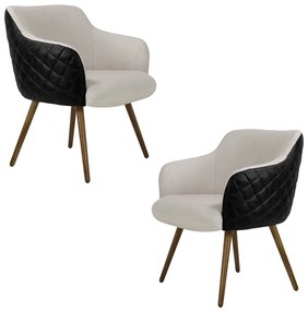 Kit 2 Poltronas Decorativas Kitana Pés Palito PU Sintético/Linho Preto/Areia G15 - Gran Belo