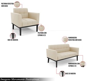 Conjunto Poltrona e Namoradeira Decorativa Karen Pés Fixo em Madeira Preto Suede Bege G19 - Gran Belo