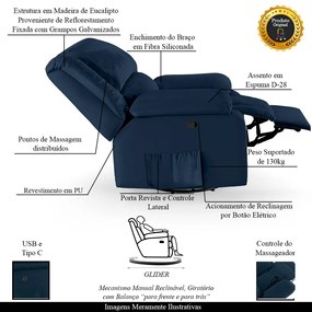 Poltrona do Papai Reclinável Sala de Cinema Madrid Glider Manual Giratória Massagem USB PU Azul  G23