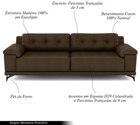 Sofá Living 4 lugares 272cm Agostino Pés Design em Ferro Couro Capuccino G52 - Gran Belo