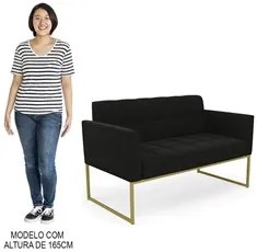 Sofá Namoradeira e 1 Poltrona Base Industrial Dourado Ana Suede Preto